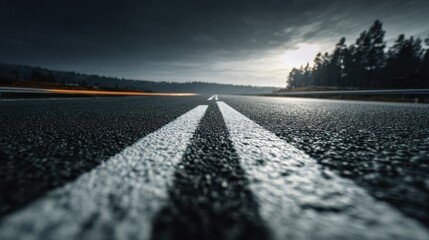 Black asphalt road with clear white lane markings, extending toward the horizon, realistic and detailed.