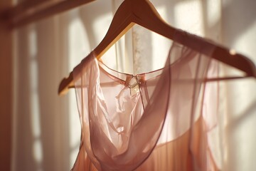 Elegant sheer blush dress delicately hanging on a wooden hanger bathed in soft, warm sunlight creating a serene and aspirational fashion moment