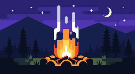 A tranquil night landscape featuring a blazing campfire under a starlit sky with crescent moon