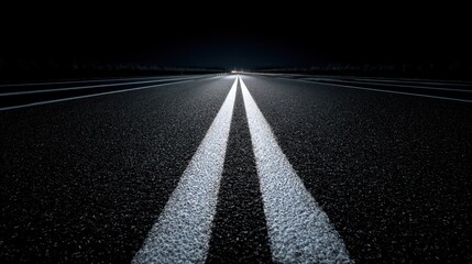 Black asphalt road with clear white lane markings, extending toward the horizon, realistic and detailed.