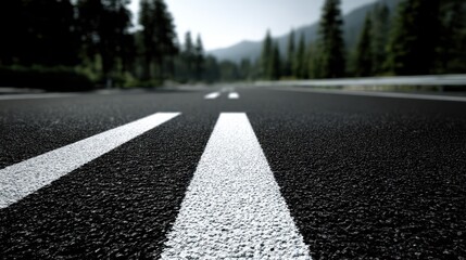 Black asphalt road with clear white lane markings, extending toward the horizon, realistic and detailed.