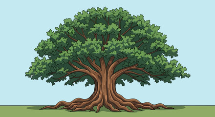 Illustration of a grand old tree with sprawling roots and lush green leaves illustration