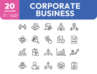 Corporate Business Line Icons Teamwork Growth Management and Global Partnerships