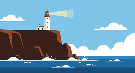 Coastal lighthouse scene with beacon light guiding ships in a minimalist style