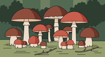 Cartoon illustration of a mushroom patch with various sizes in a forest setting