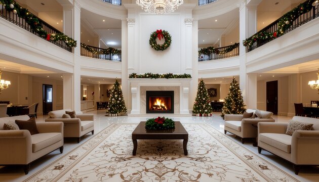 ホテルロビーの豪華クリスマス装飾と暖炉