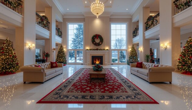 ホテルロビーの豪華クリスマス装飾と暖炉