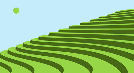 Stylized terraced rice fields under a clear blue sky with a gentle green sun illustration