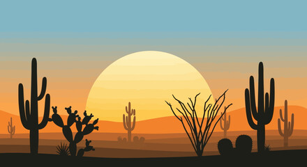 Serene Arizona desert landscape at sunset featuring silhouetted cacti and arid vegetation