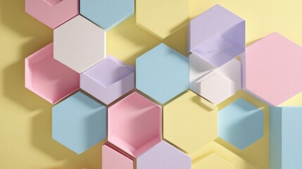 Pastel geometric paper shapes on a yellow backdrop with hidden wealth motifs, exuding modern elegance.