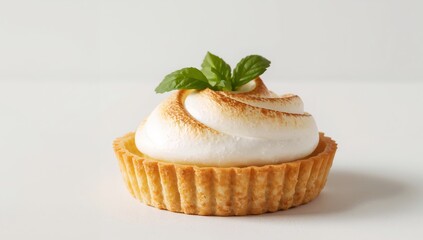 Golden Crust, Creamy Swirl Topping, Green Leaf a Visually Appealing Dessert.