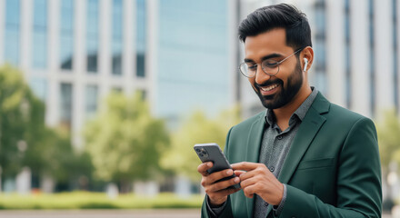 Smiling Man in Green Suit Using Smartphone Outdoors