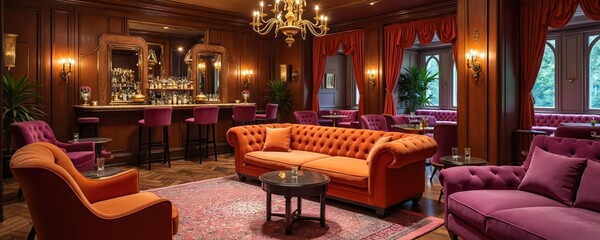 Luxurious hotel bar lounge area with plush velvet sofas, chairs. Elegant room features well-stocked bar, ornate chandelier, rich wood paneling. Empty seating invites relaxation, quiet conversation.
