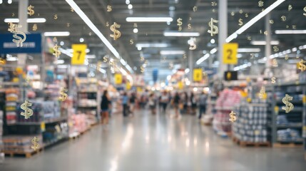 A bustling retail environment blurred into abstraction, layered with subtle consumer financial motifs.