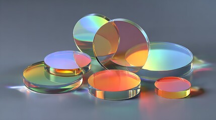 A collection of optical prisms and lenses with iridescent coatings, reflecting a spectrum of vibrant colors against a neutral background, showcasing scientific precision and aesthetic beauty