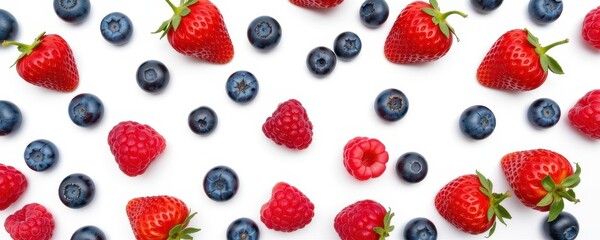 flat lay photo of mixed berries including blueberries, strawberries, and raspberries on clean white background, balanced minimalist aesthetic for ad visuals.