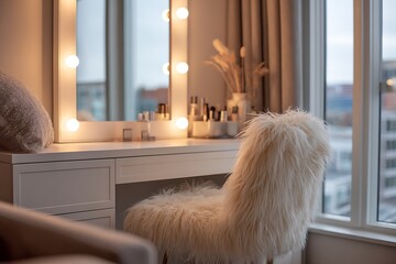 Glamorous vanity setup with illuminated mirror and plush chair creates a luxurious beauty sanctuary for makeup artistry and self-care routines.