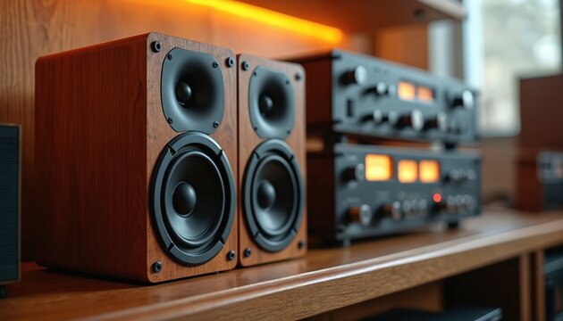 Retro wooden speakers sit on shelf beside vintage stereo system equipment with illuminated dials. Classic audio setup for music enthusiasts.