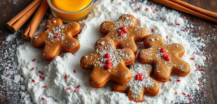 Spiced gingerbread cookies, flour, sugar, eggs, butter, cinnamon sticks, festive sprinkles, flat lay, holiday - Powered by Adobe