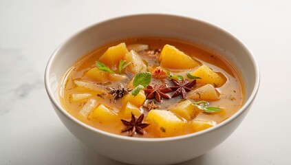 Golden Deliciousness. A Bowl of Cubed Delight, Enhanced with Star Anise and Mint.