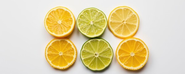 Fototapeta premium clean minimal studio photo of sliced lemon and lime forming geometric shapes on white background, fresh bright tones for product branding.