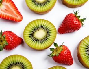 studio close up of sliced kiwi and strawberries arranged artistically on white background, clean bright tone perfect for healthy lifestyle advertising