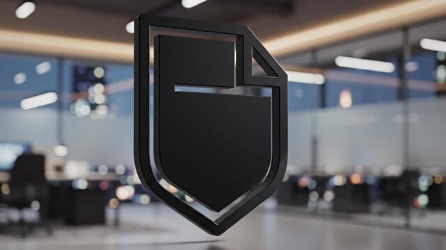 Sleek 3D Black Document Shield Icon for Cyber Security Data Privacy and Digital Protection Modern corporate business safety concept in a blurred office environment