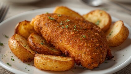Golden Delight. A Fried Composition of Textures and Forms on a White Plate, Still Life.