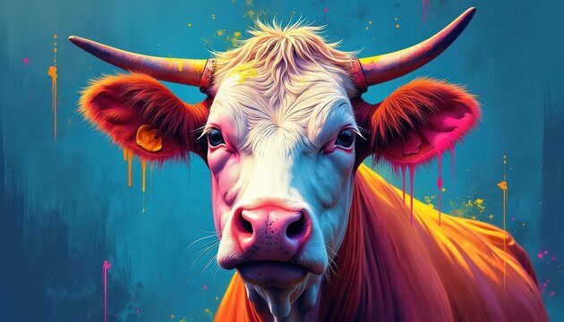 Close up headshot of a vibrant, colorful cow illustration. Its face is white with pink accents. The background is abstract blue with paint drips. A playful, modern design.