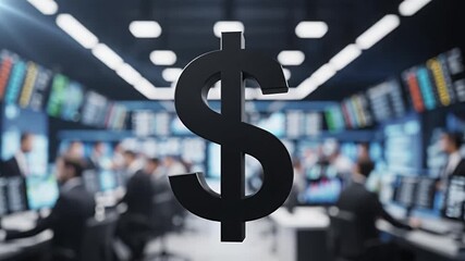 Large dollar sign on a blurred background of a busy financial trading floor with brokers working at computers symbolizing global finance stock market and wealth - Powered by Adobe