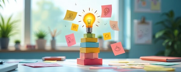 Stack of colorful blocks with light bulb on top. Floating sticky notes with drawings surround bulb. Office desk with plants, papers, notebook. Creativity, idea generation, strategy planning concept.