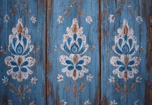 Antique wooden panel with blue & white floral motifs. Detailed aged texture with paint chipping