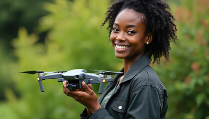 African woman holds drone. Smiles. Drone technology empowers agriculture. Female pilot tests aerial filming equipment. Modern farming with innovation. Black woman with quadcopter. Photo for drone