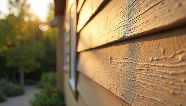 Close up view of fiber cement siding texture on building exterior. Warm golden hour sun shines on house wall. Modern residential construction material provides fire protection, weather resistance,