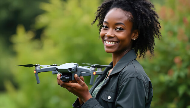 African woman holds drone. Smiles. Drone technology empowers agriculture. Female pilot tests aerial filming equipment. Modern farming with innovation. Black woman with quadcopter. Photo for drone