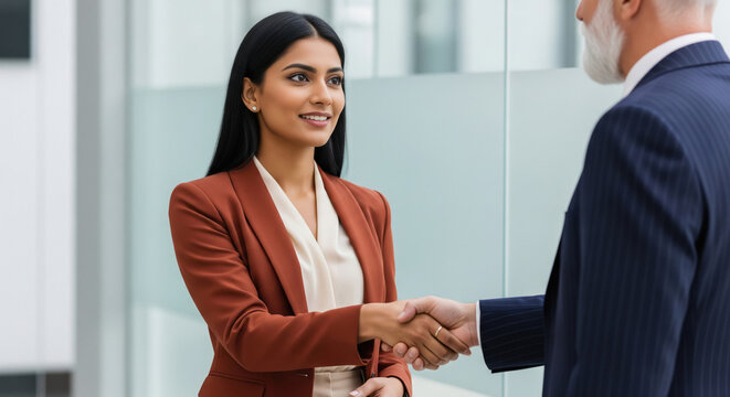 Business Professionals Shaking Hands in Modern Office
