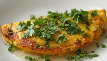 Golden Hue Omelet, Garnished with Fresh Greens, Resting on a Clean White Plate.