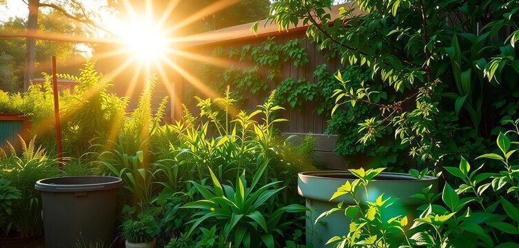 Sunlight illuminating lush green garden with compost bin, eco-friendly, ecological - Powered by Adobe