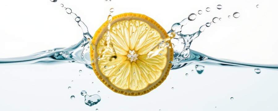 photo, white background, studio, close up, clean, lemon slice splashing in clear water, energy and clarity for beverage branding.
