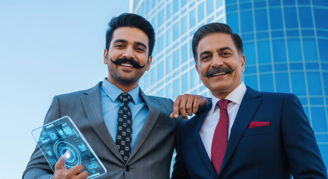 Two Smiling Businessmen With Futuristic Tablet and 5G Technology