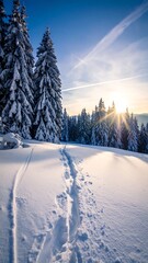 A snow-covered landscape with towering evergreens. Sun peeks through the trees, casting light trails on a snowy path. Sky is clear blue