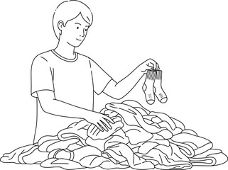 Man Sorting Laundry and Holding Socks - Line Art Illustration of Household Chores