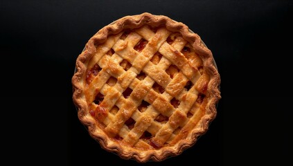 Golden Lattice Crust, Round Baked Treat on Dark Surface Simple Food Presentation.
