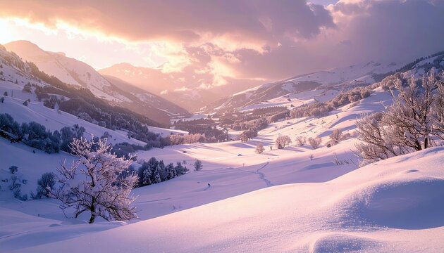 A breathtaking winter landscape unfolds in a valley, with snow-covered mountains and frosted trees illuminated by the soft glow of the setting sun. - Powered by Adobe