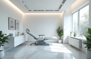 Modern medical office interior with examination chair plants and natural light. Bright clinic space with treatment furniture. Aesthetic dental or cosmetic surgery room with bright decor.