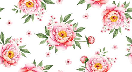 Seamless pattern of pink peonies and green leaves