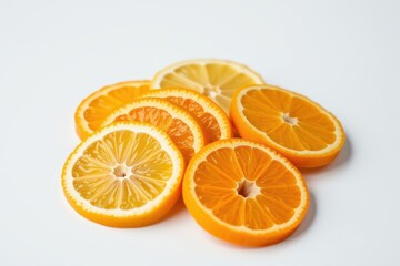 Fototapeta premium Top view of fresh orange and lemon slices arranged in a clean, overlapping pattern on white background.