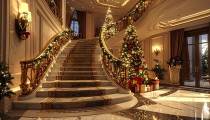 Obraz premium ラグジュアリーホテルの大階段とクリスマス飾り