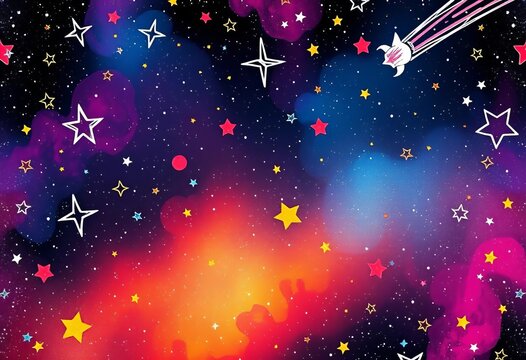 Vibrant seamless banner featuring hand-drawn charcoal stars and comets on a cosmic background,  background,  charcoal