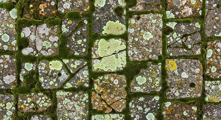 Detailed close-up of ancient stone pavement covered in vibrant green moss and speckled lichen